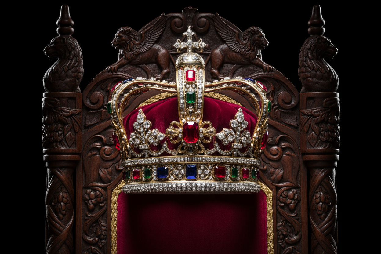 A crown on top of a throne with a black background
